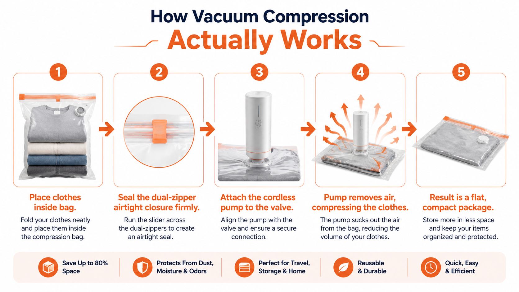A step-by-step infographic showing how to use vacuum compression bags to pack clothes for space-saving storage.