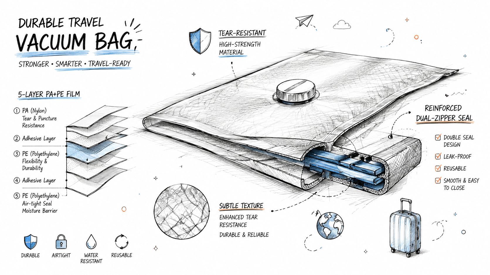 A detailed technical drawing illustrating the construction and features of a durable travel vacuum bag for clothing storage.