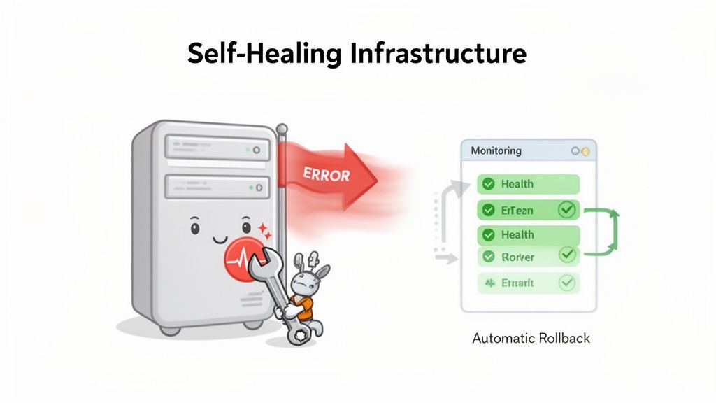 An illustration of self-healing infrastructure with a server detecting an error and initiating automatic rollback via monitoring.