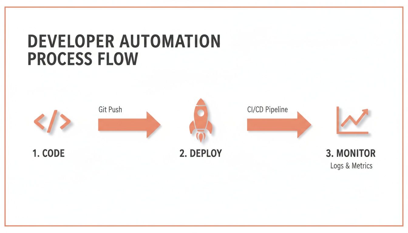 Diagram illustrating the developer automation process flow, from coding to deployment and monitoring.