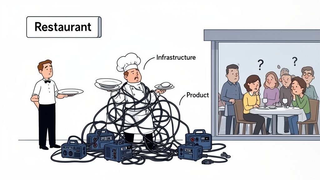 Cartoon chef tangled in infrastructure cables struggles to serve product as confused customers wait.