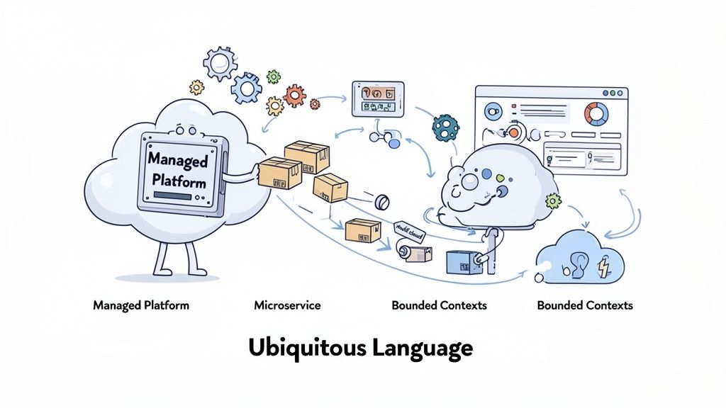 Diagram illustrating Domain-Driven Design concepts: Managed Platform, Microservices, Bounded Contexts, and Ubiquitous Language flow.