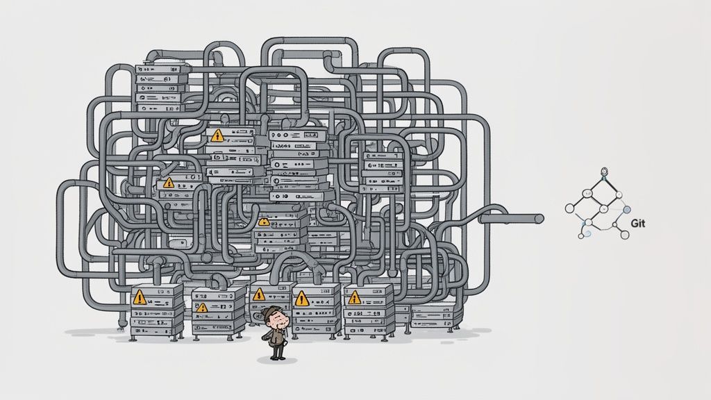 A complex, tangled system of servers and pipes contrasted with a simplified Git diagram, with a person looking up.
