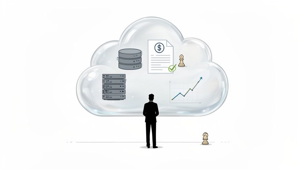 A businessman observes a cloud with data, servers, financial document, growth chart, and chess pieces.