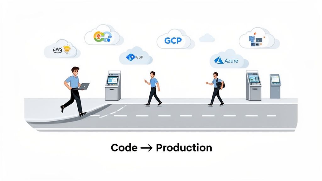 Developers moving code to production across various cloud platforms like AWS, GCP, and Azure.