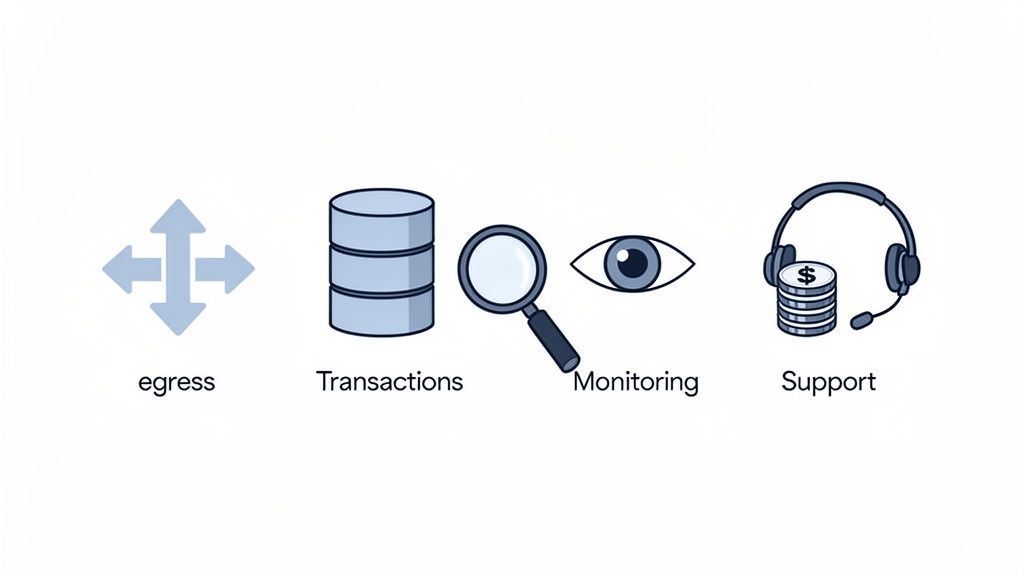 Icons representing egress, transactions, monitoring, and support for a technical system.