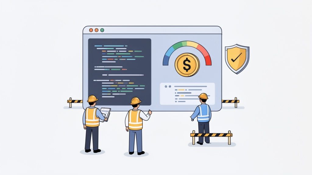 Three construction workers analyze code, cost metrics, and security on a large screen.