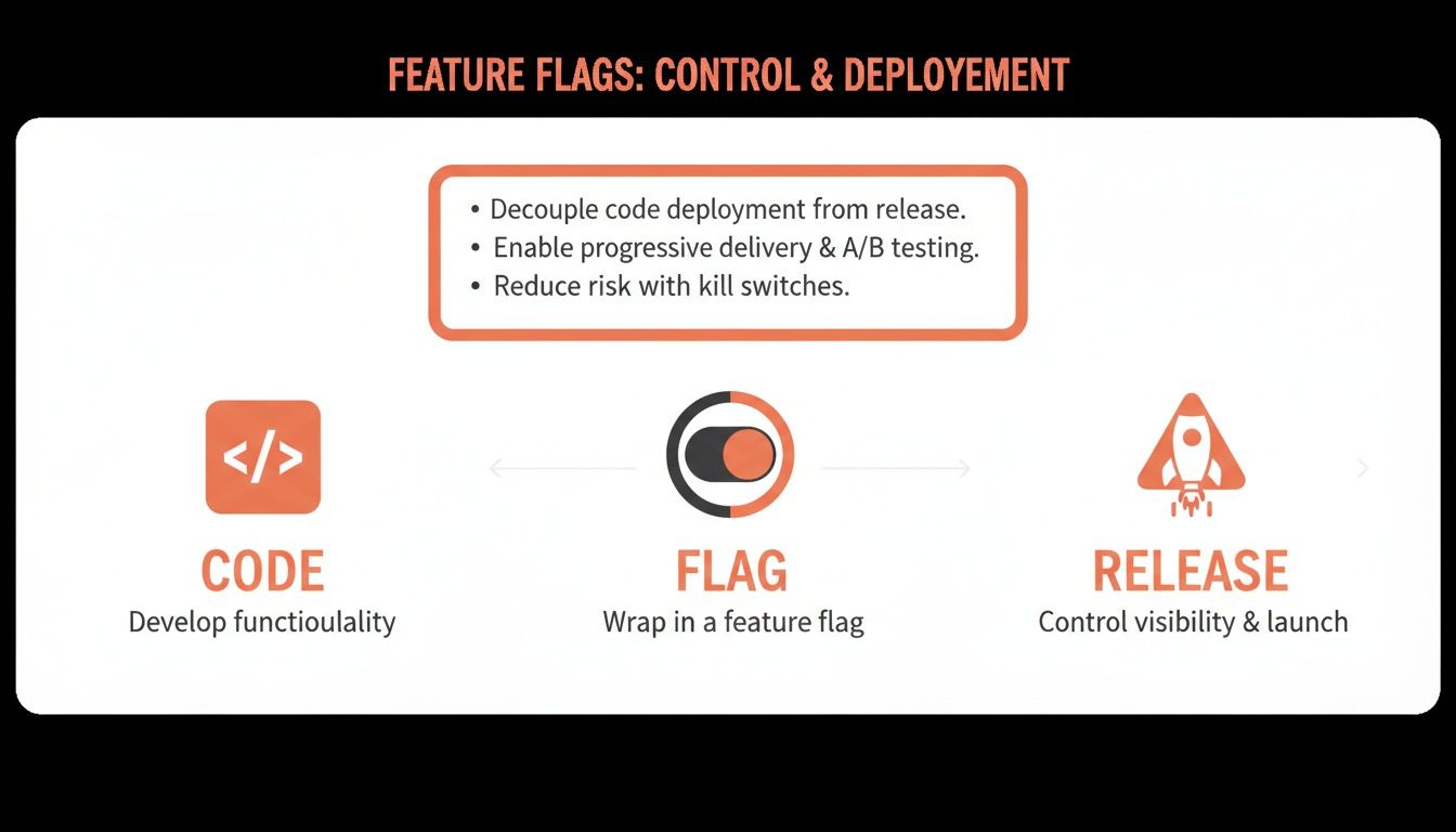 Diagram illustrating feature flags process: code development, wrapping in flag, and controlled release.