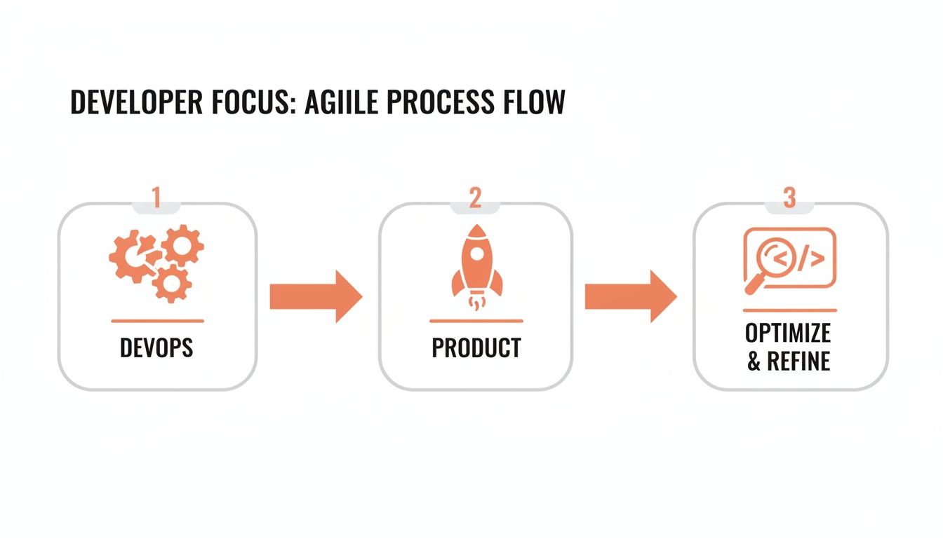 An agile development process flow diagram showing DevOps, product launch, and optimization stages.