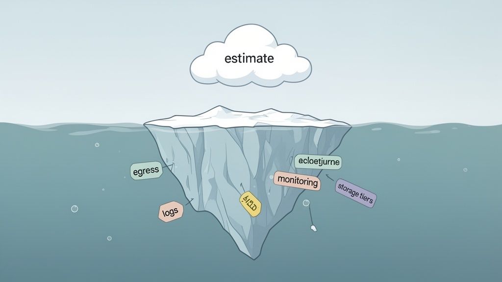 An iceberg illustrating cloud cost estimate with hidden expenses like egress, logs, and monitoring below the waterline.