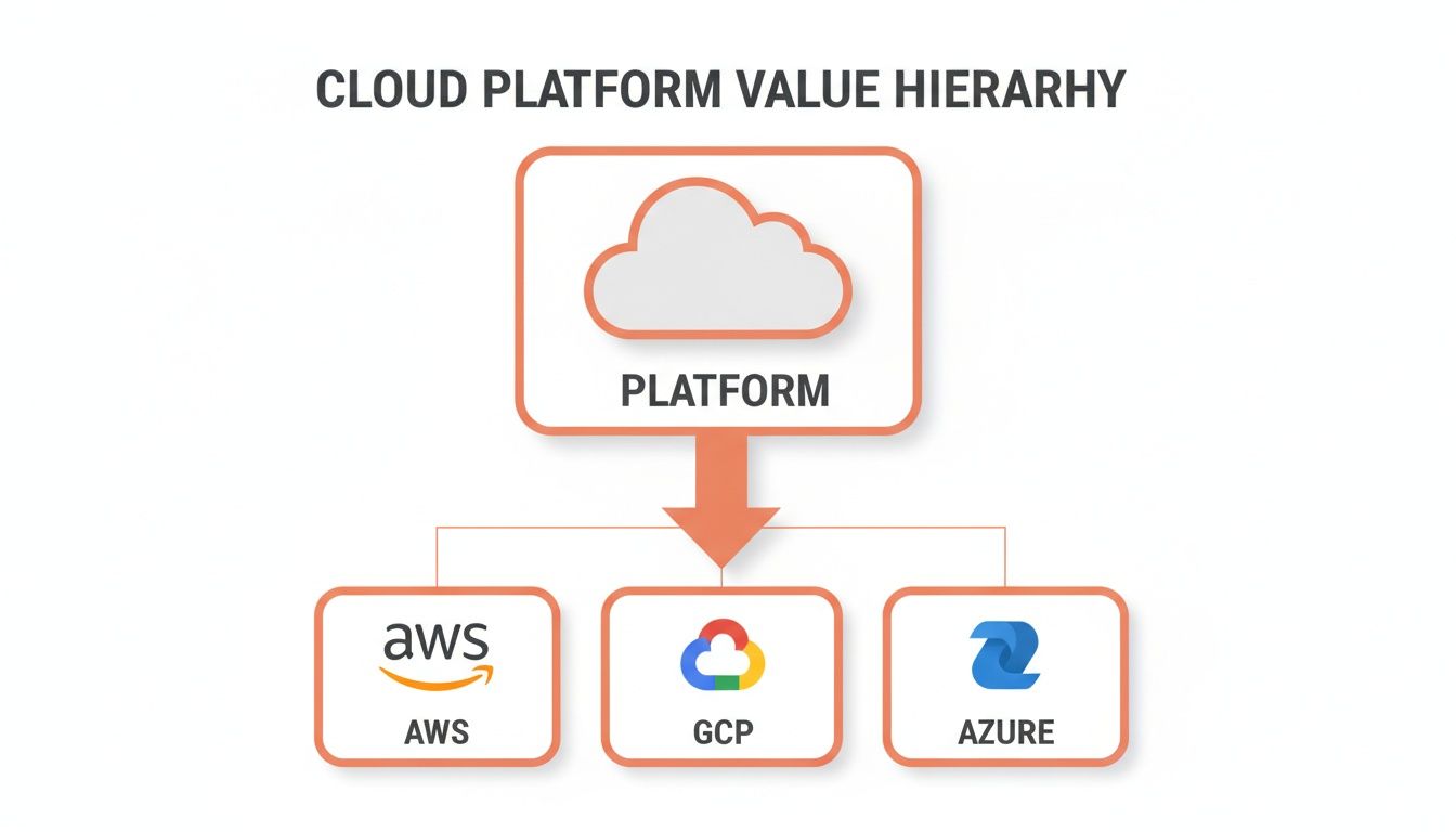 A cloud platform value hierarchy diagram showing 'Platform' at the top, leading to AWS, GCP, and Azure below.
