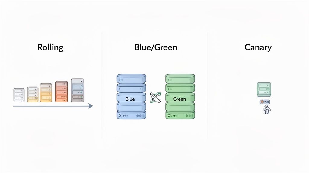 Diagram illustrating Rolling, Blue/Green, and Canary deployment strategies for software updates.