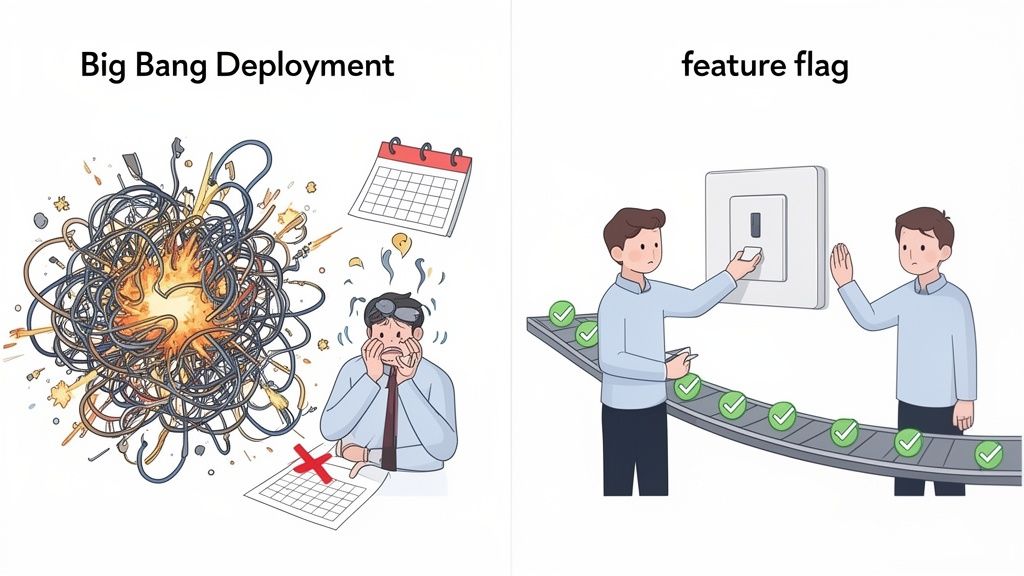 Visual comparison of chaotic big bang deployment versus controlled feature flag releases with checkmarks.