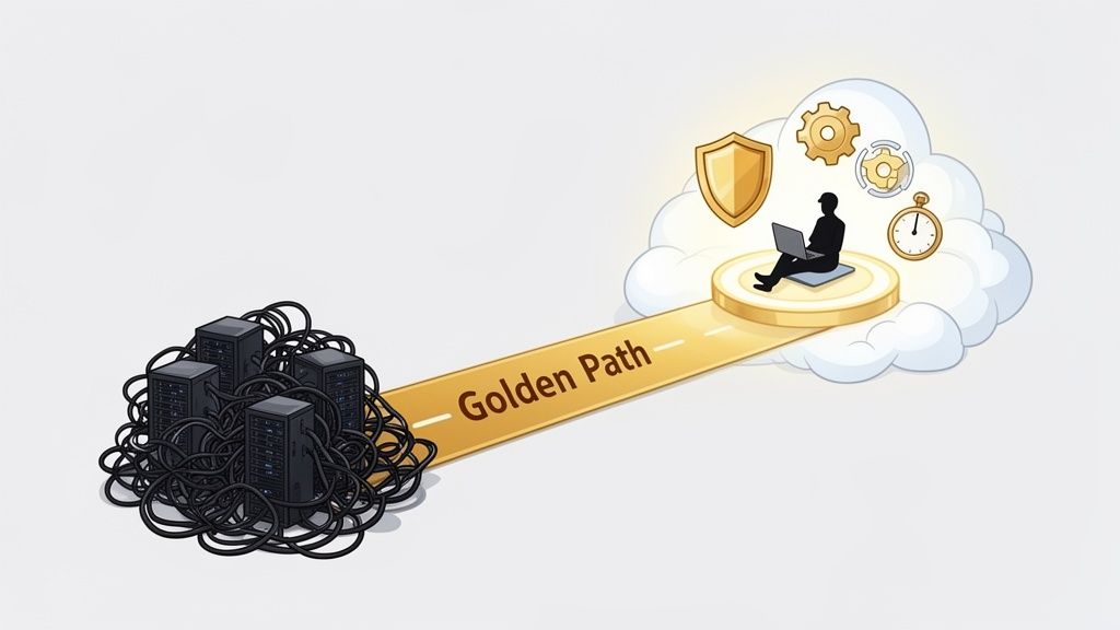 Golden Path leading from messy on-premise servers to a streamlined, secure cloud developer environment.
