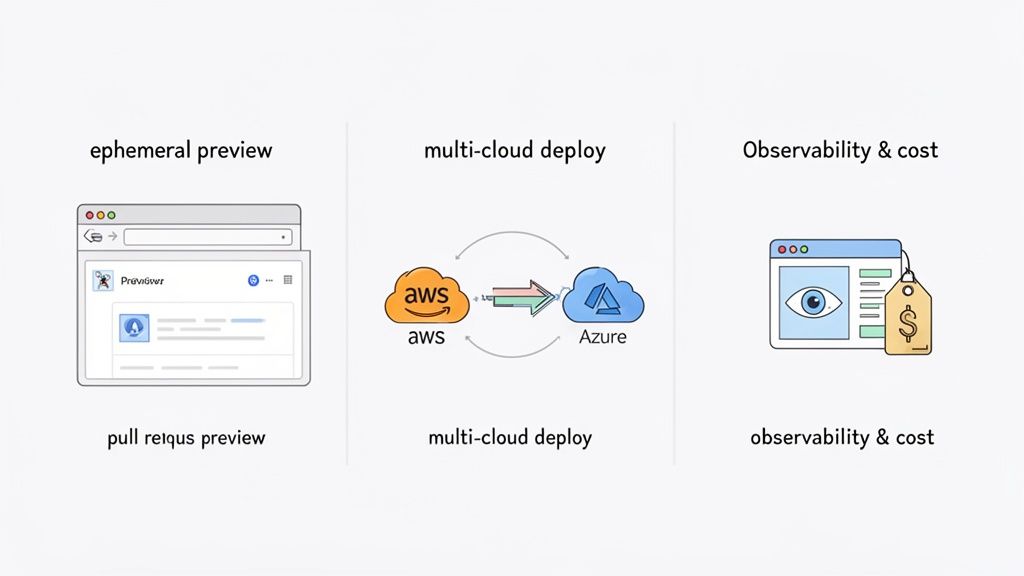 Diagram showing cloud application lifecycle: ephemeral previews, multi-cloud deployment (AWS to Azure), and observability with cost management.