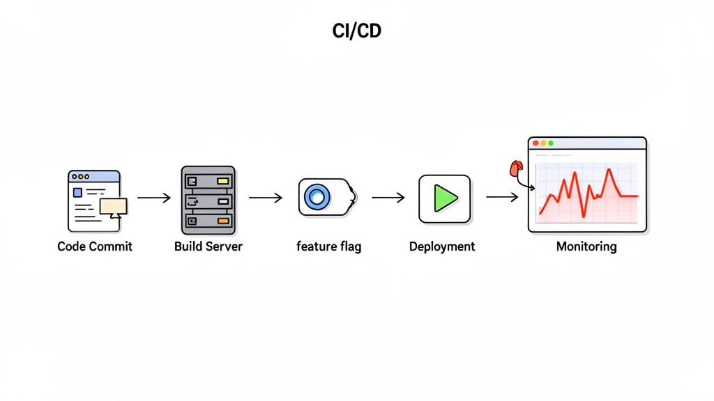 Diagram illustrating a CI/CD deployment pipeline workflow, including code commit, build, feature flags, and monitoring.