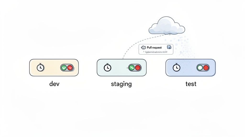 A cloud-connected diagram illustrating dev, staging, and test software development environments with active/inactive status switches and a pull request.