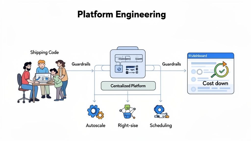 Platform engineering workflow diagram showing code shipping, centralized platform, autoscale, right-size, scheduling, and cost down dashboard.