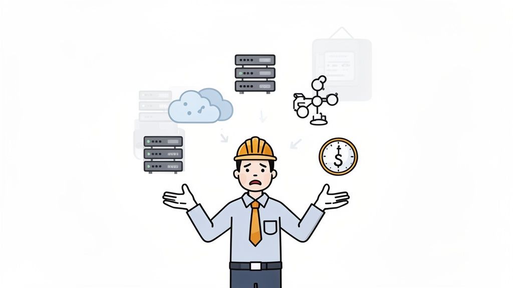 Stressed IT engineer in a hard hat contemplates server racks, cloud, weather data, and cost management.