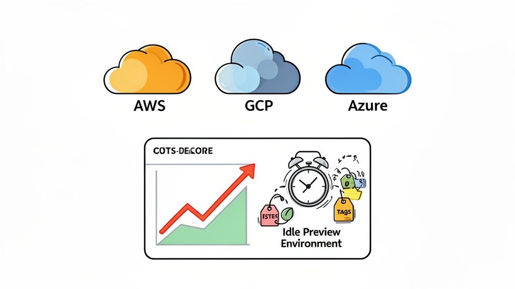 Diagram illustrating major cloud providers AWS, GCP, Azure, and tools for idle environment cost management.