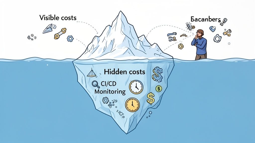 An iceberg illustrates visible costs above water and hidden costs below, including CI/CD monitoring, time, and money.