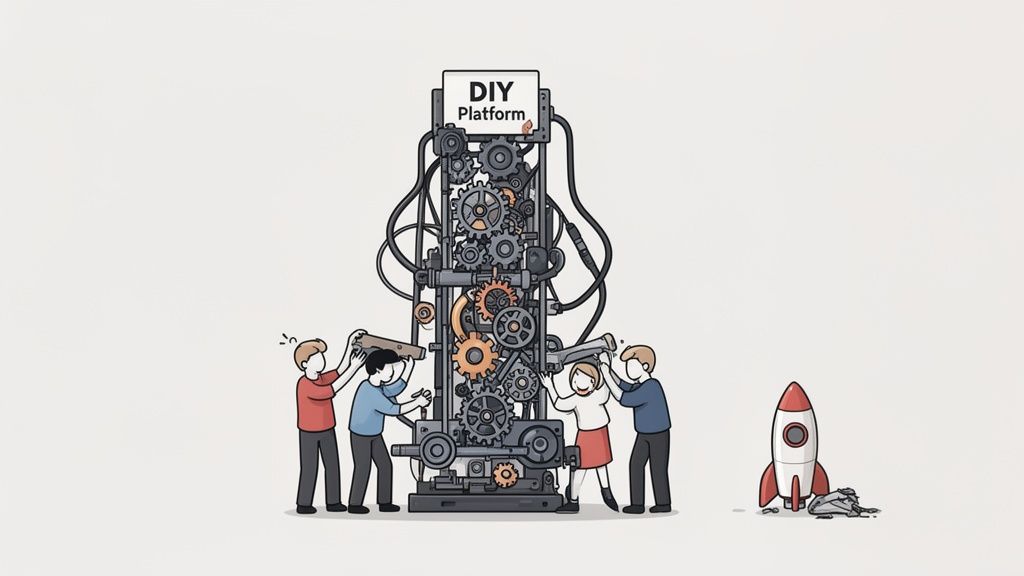 Four people collaboratively build a complex 'DIY Platform' machine with gears, next to a small rocket.