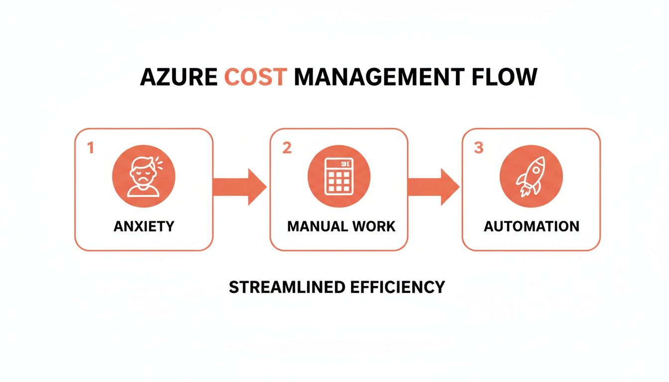 Flow chart illustrating Azure cost management moving from anxiety and manual work to automation for streamlined efficiency.