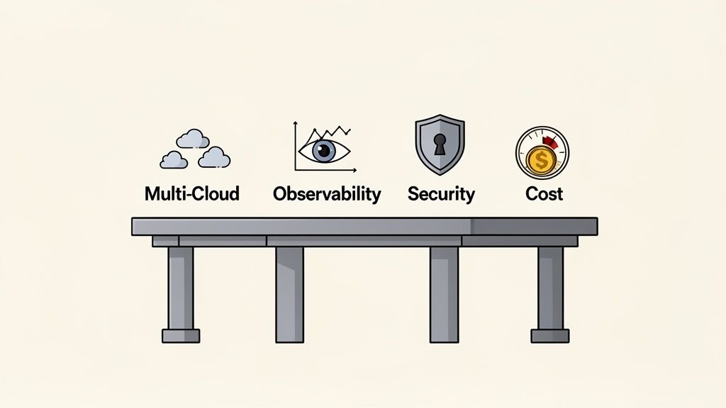 A grey table supporting four icons: Multi-Cloud, Observability, Security, and Cost management.