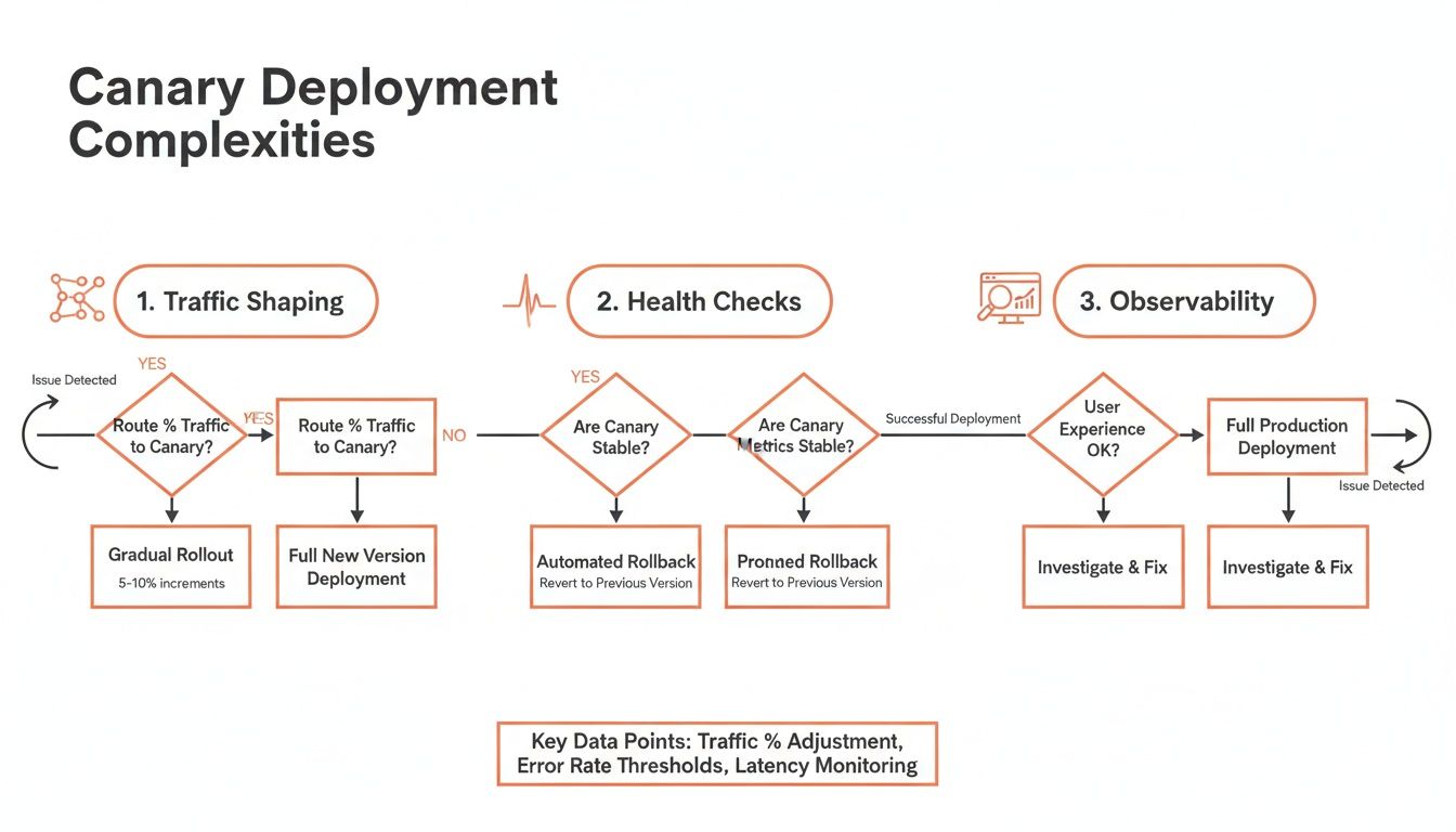 Flowchart illustrating the complexities of canary deployments, covering traffic shaping, health checks, and observability.