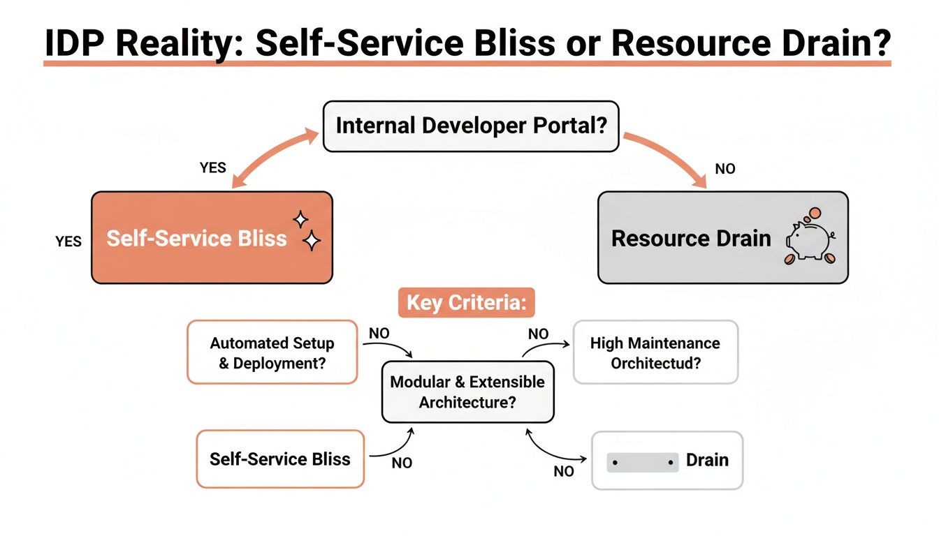 Flowchart evaluating Internal Developer Portal success: Self-Service Bliss versus Resource Drain, based on key architectural criteria.
