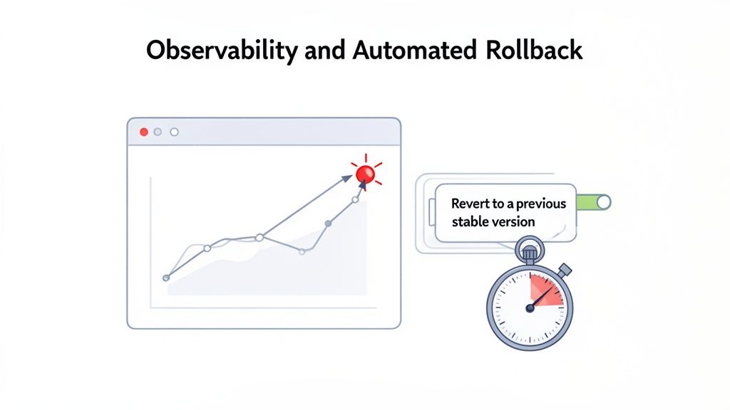 A graph shows a performance issue, triggering an automated rollback to a previous stable version quickly.