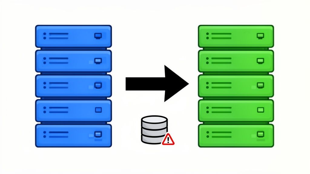 Diagram showing five blue servers migrating to five green servers with a database warning.
