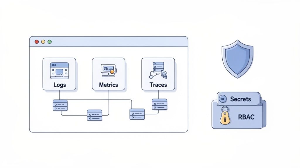 Diagram showing logs, metrics, and traces flowing from servers, alongside a shield, secrets, and RBAC for security.
