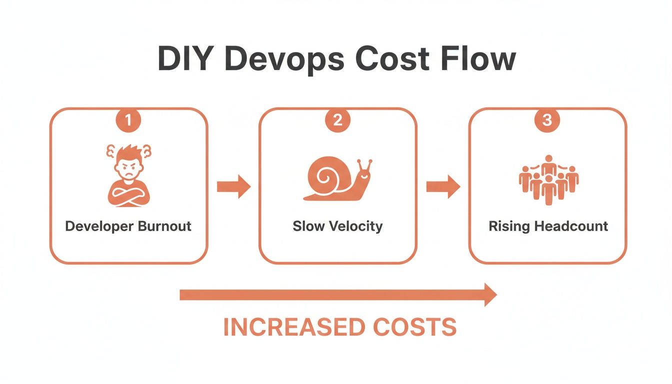 Flowchart depicting DIY DevOps cost flow: developer burnout, slow velocity, and rising headcount lead to increased costs.
