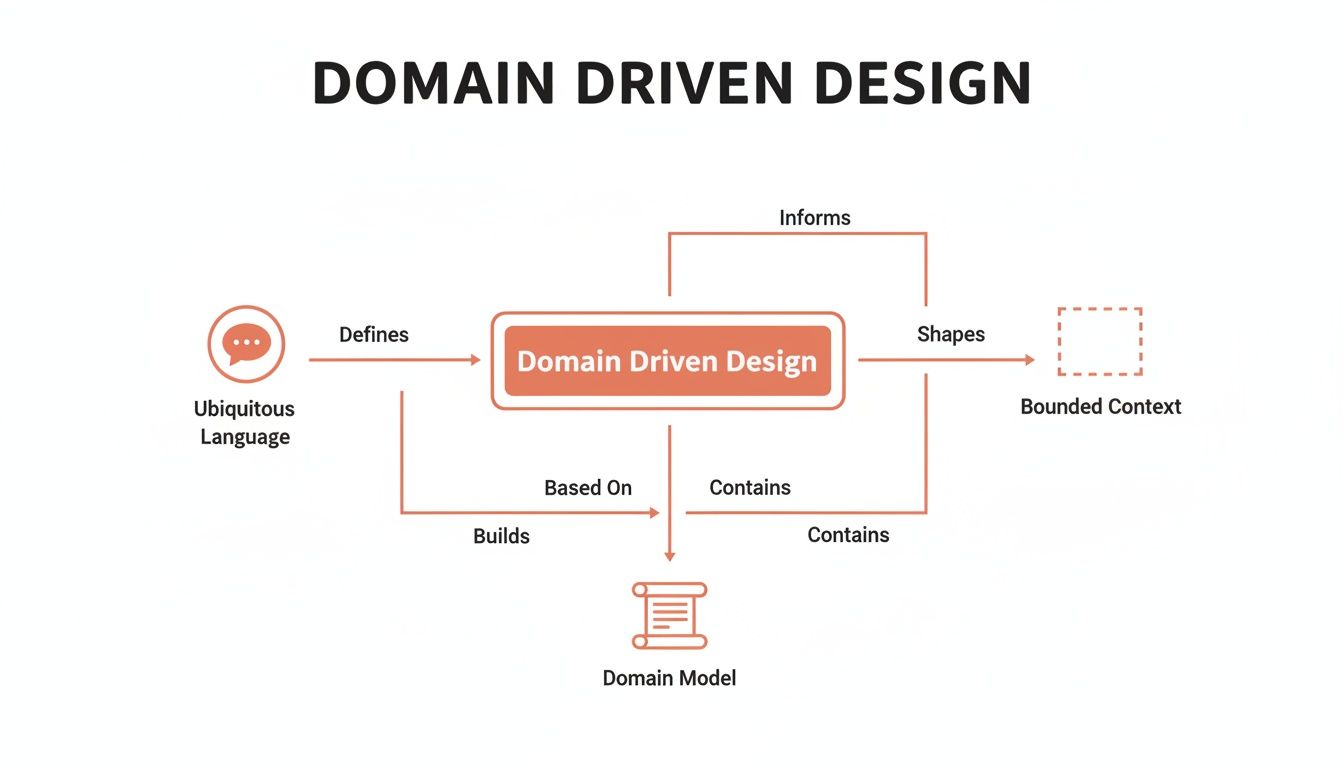 Diagram illustrating the core components and relationships in Domain Driven Design methodology, including ubiquitous language and domain model.