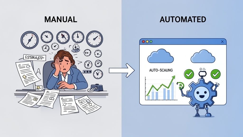 A person struggles with manual estimates, contrasting with an automated auto-scaling cloud solution managed by a robot.