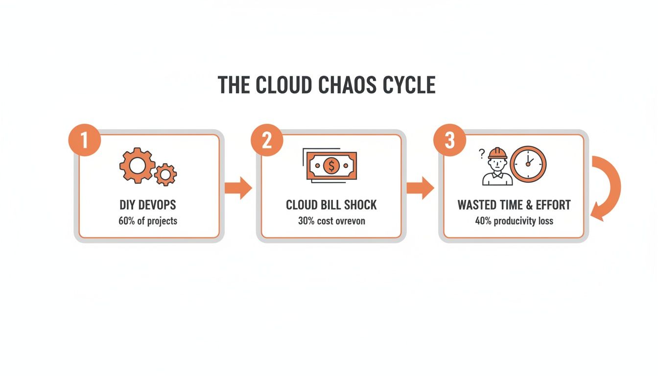 Diagram illustrating the cloud chaos cycle: DIY DevOps, cloud bill shock, and wasted effort.