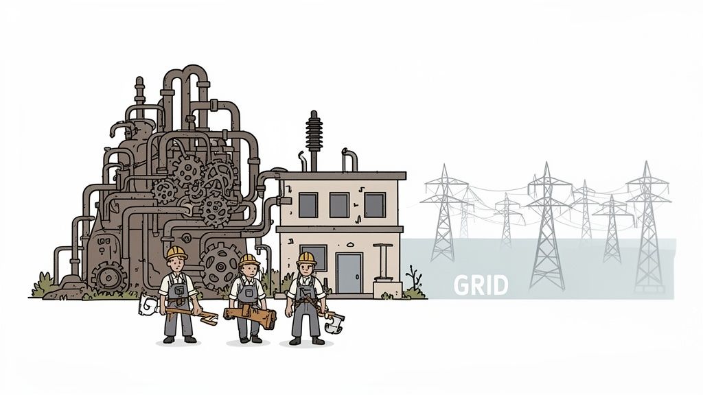 Illustration of industrial machinery, workers, and power lines representing electricity generation and grid connection.