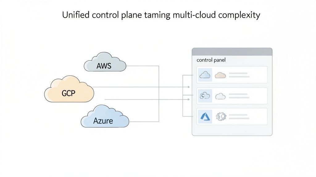 Diagram showing AWS, GCP, and Azure clouds connected to a unified control panel for multi-cloud management.