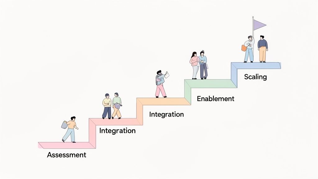 Illustration of a five-step progression: Assessment, Integration, Enablement, Scaling, with people climbing.