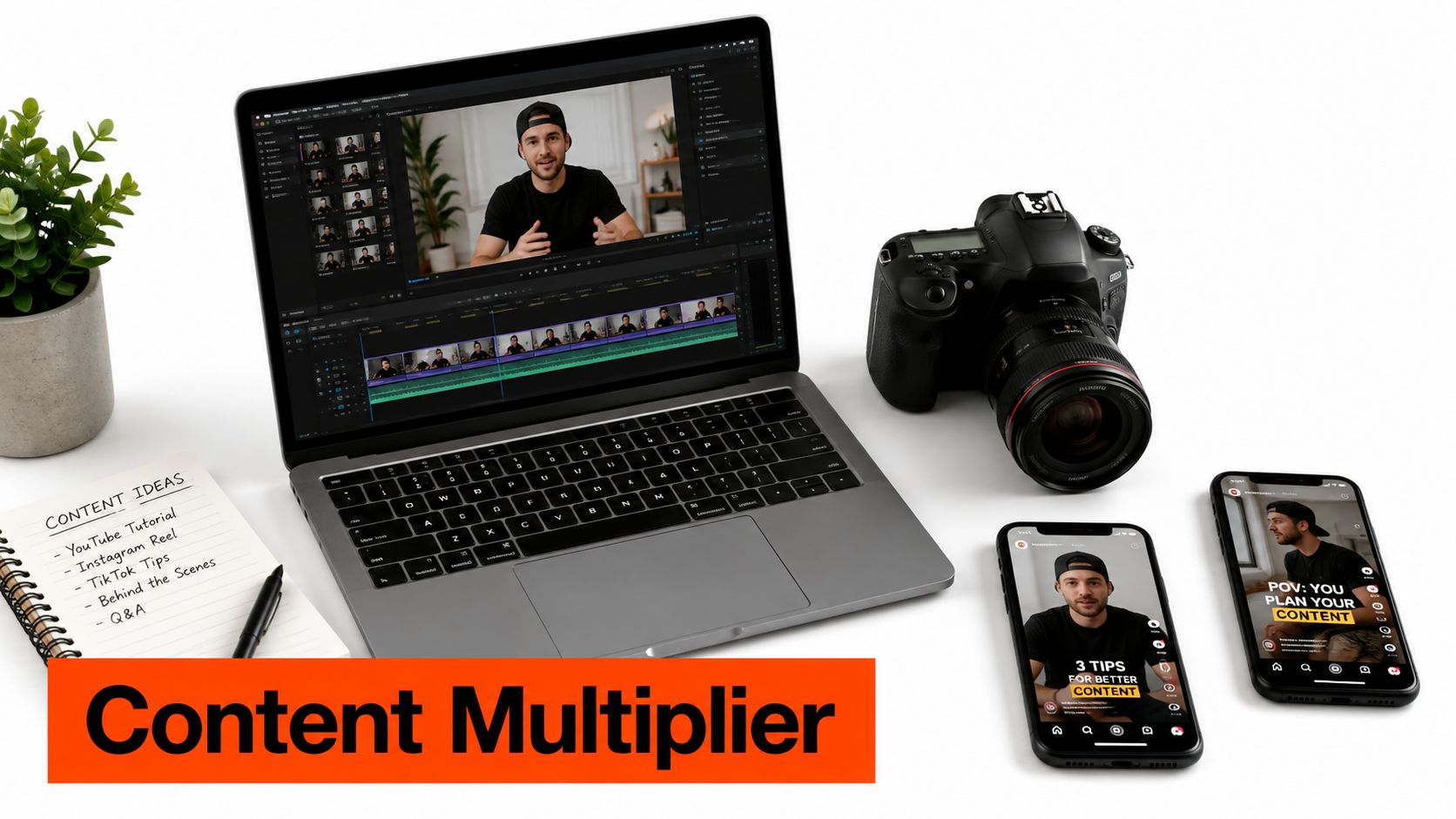 A professional desk setup featuring a laptop with video editing software, a DSLR camera, and smartphones.