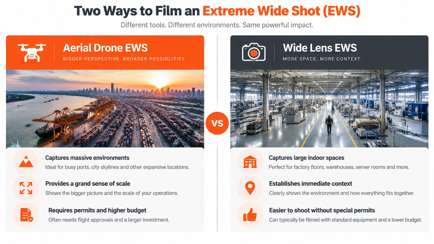 An infographic comparing Aerial Drone Extreme Wide Shots with Wide Lens shots for film and cinematography.