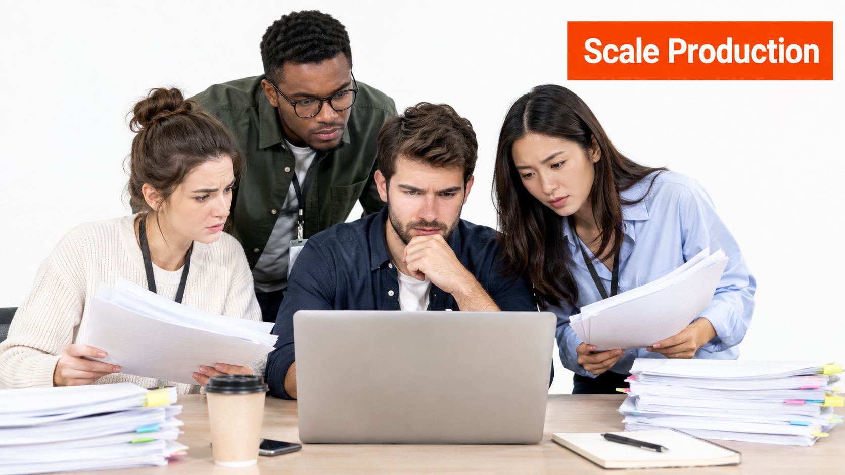 A diverse team of four colleagues analyzing data and documents together in front of a laptop computer.