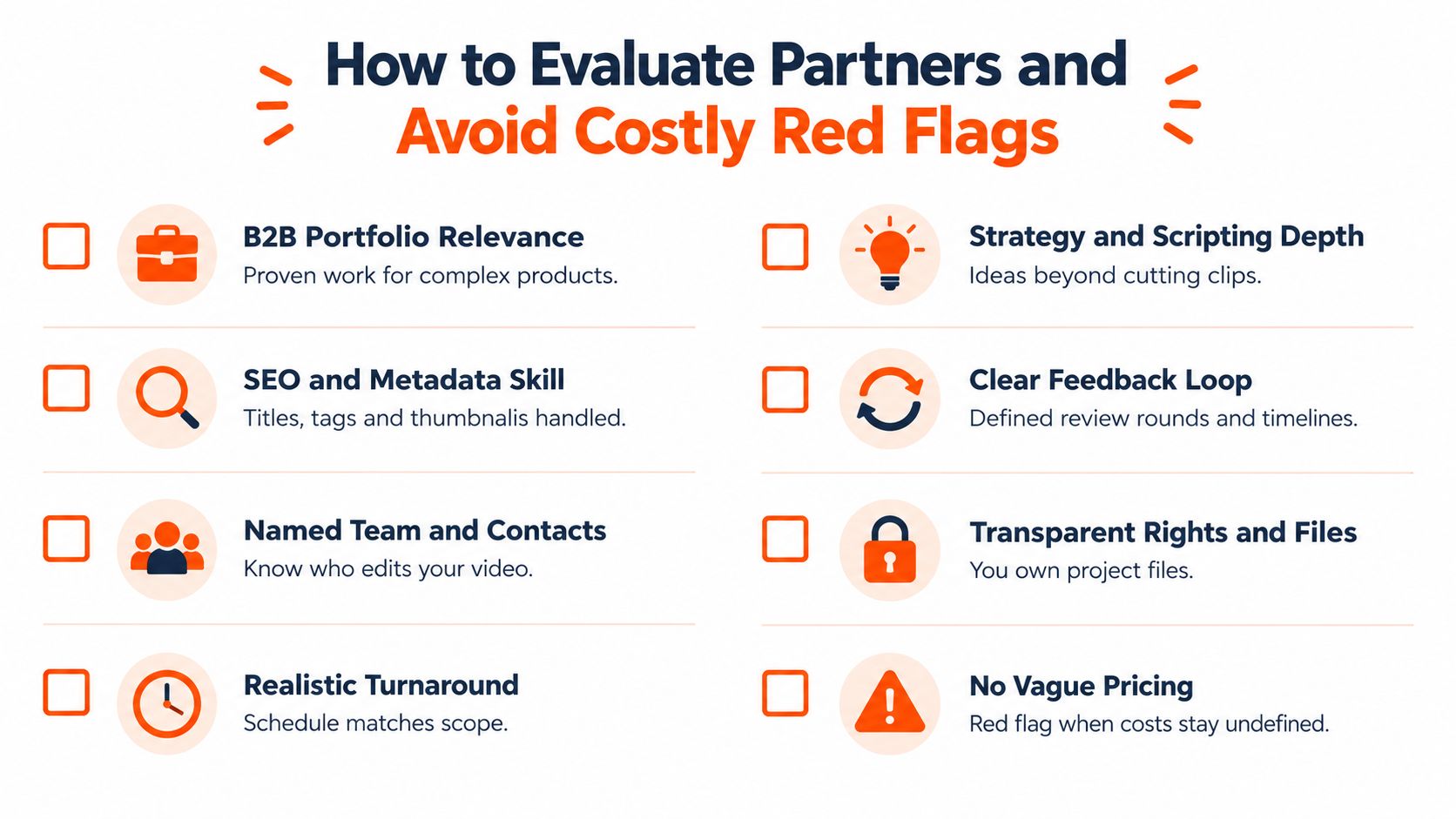 A checklist graphic titled How to Evaluate Partners and Avoid Costly Red Flags for video editing services.