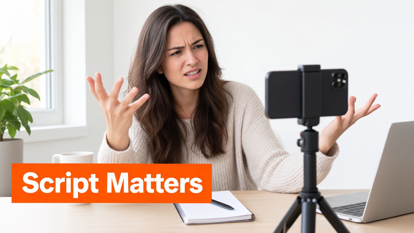 A woman gesturing while filming a video with her smartphone for a content creation project.