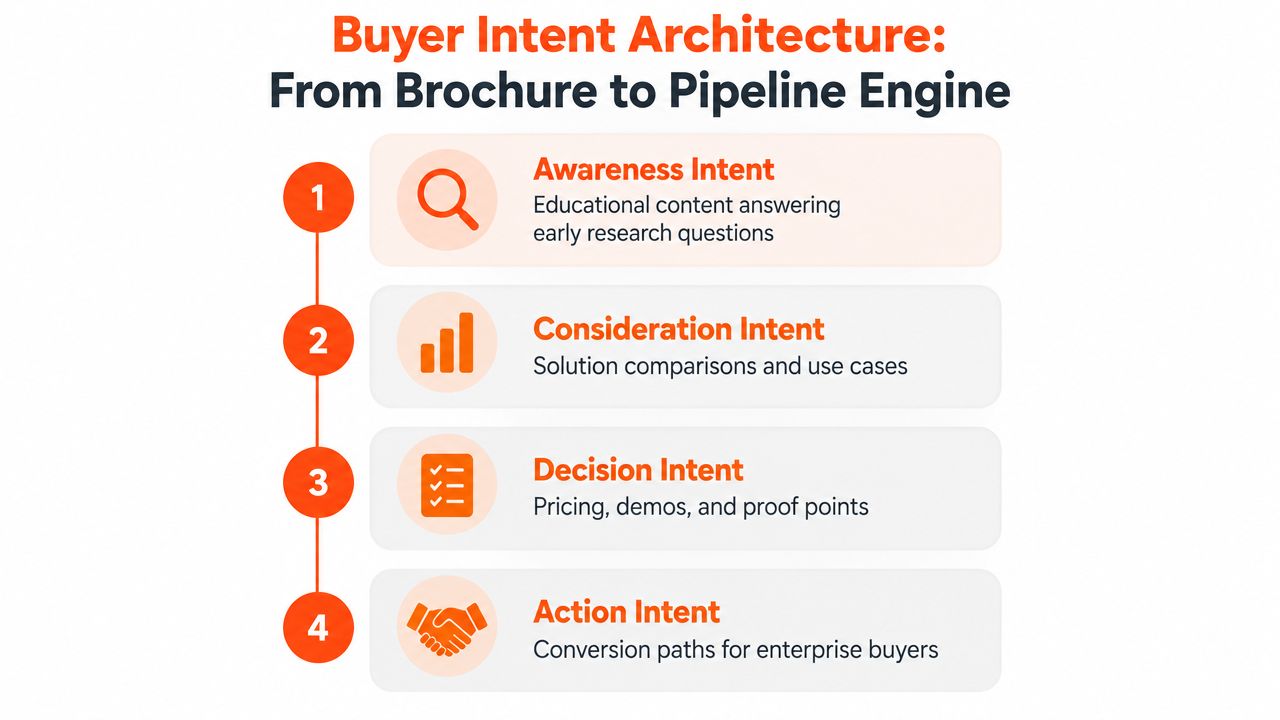 A four-step buyer intent architecture chart illustrating the journey from awareness to conversion for B2B buyers.