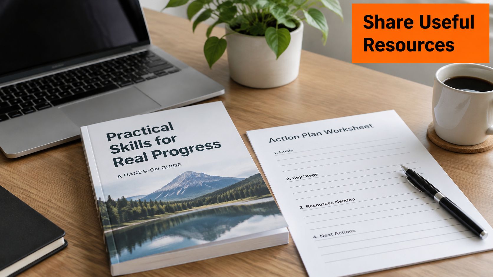 A desk with a laptop, a plant, a coffee cup, and an action plan worksheet.