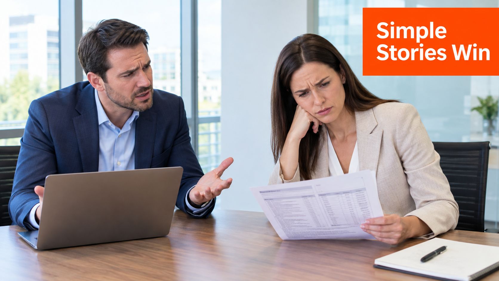 A concerned professional man and woman looking at paperwork and a laptop in an office setting.