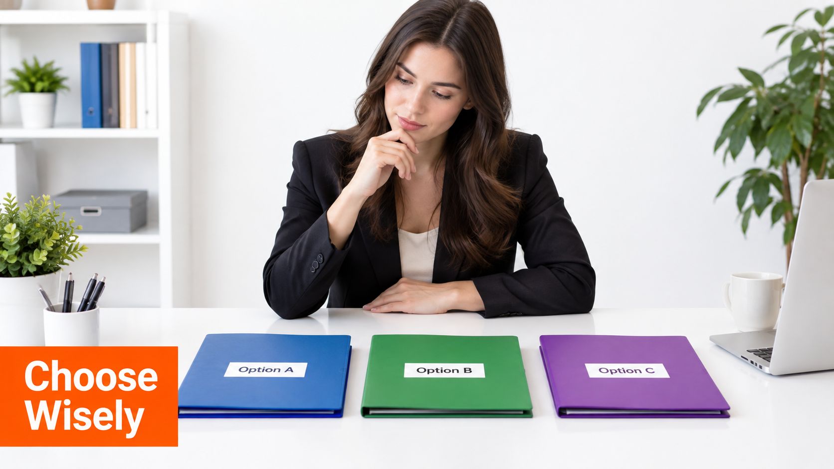 A professional woman in a business suit choosing between three colorful folders labeled options A, B, and C.