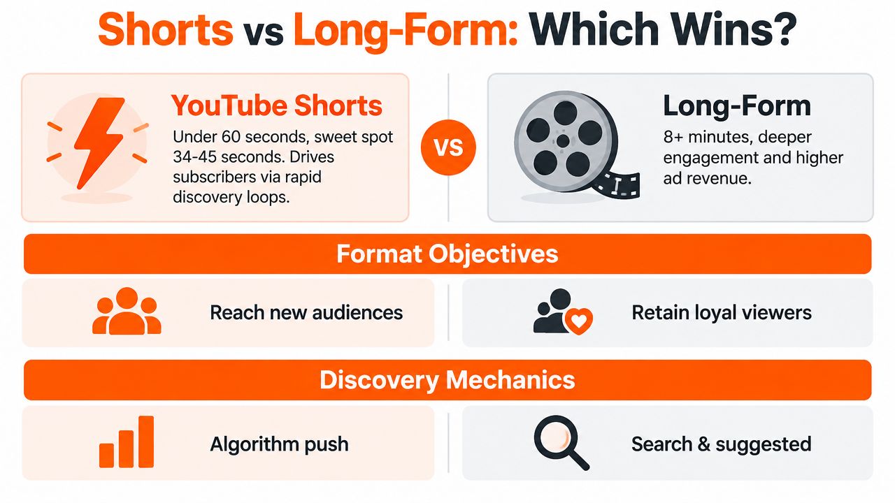 A comparative infographic showing differences between YouTube Shorts and long-form videos regarding objectives and discovery methods.